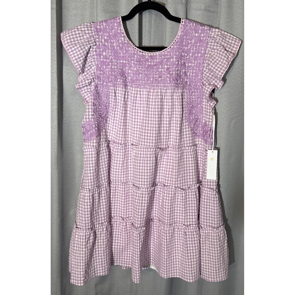 J. Marie "Angelina" Embroidered Gingham Mini Dress – Lavender Purple – Size M